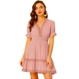 Allegra K Pink Crochet Mini Dress M | Fall Puff Sleeve Party Dress